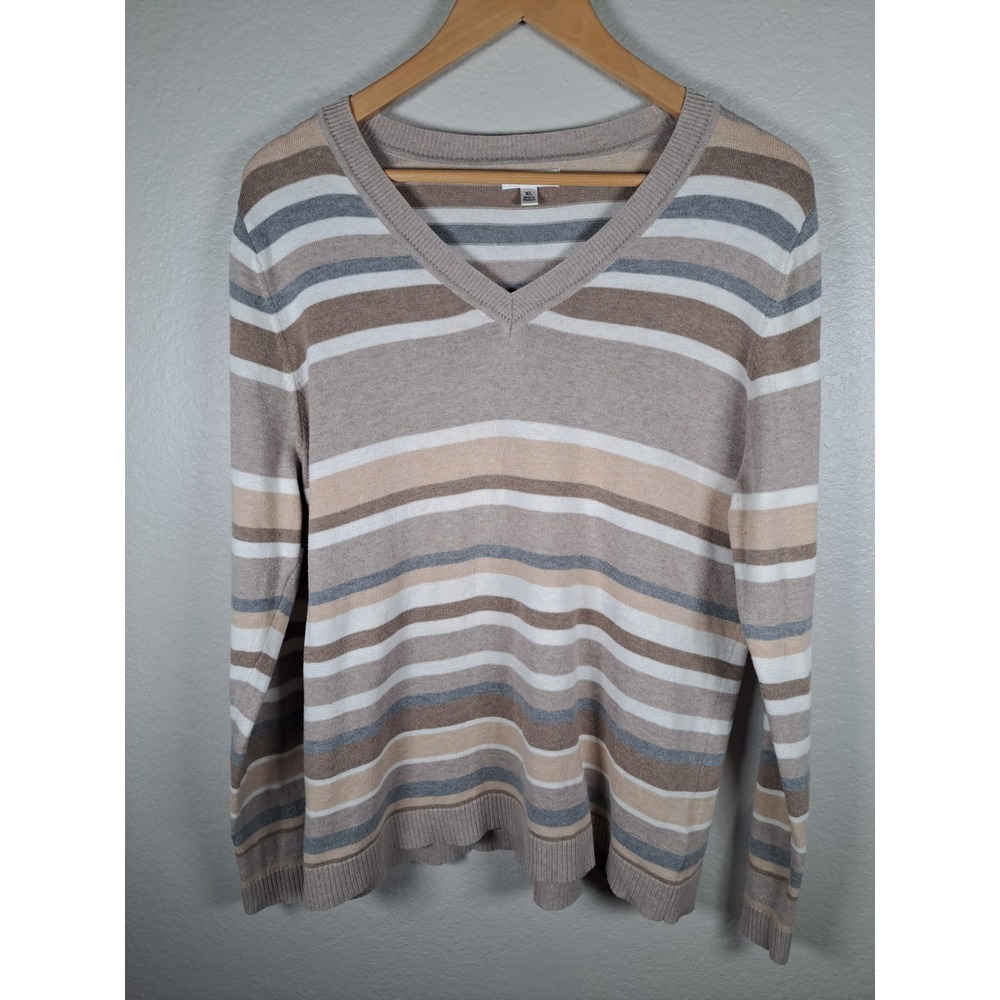 Croft & Barrow Womens XL V-Neck Striped Sweater Beige Tan Grey Knit RN73277